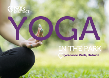 Yoga in the Park is written in purple and white letters over a photo of a person doing yoga
